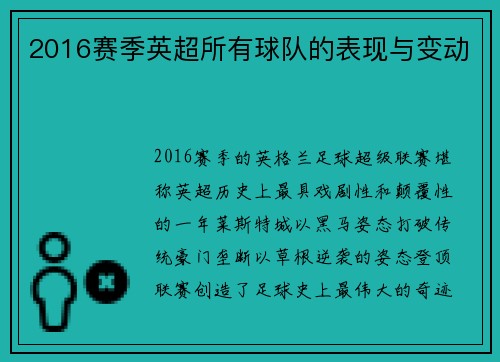 2016赛季英超所有球队的表现与变动