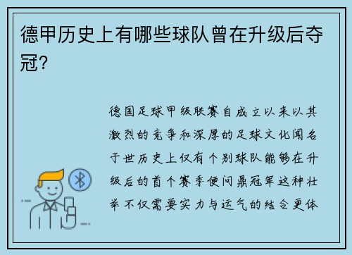 德甲历史上有哪些球队曾在升级后夺冠？